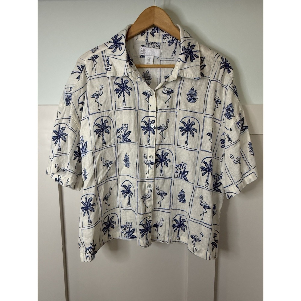 C&C California 100% Linen Button Up Shirt XL Short Sleeve Vacation Resort Beach